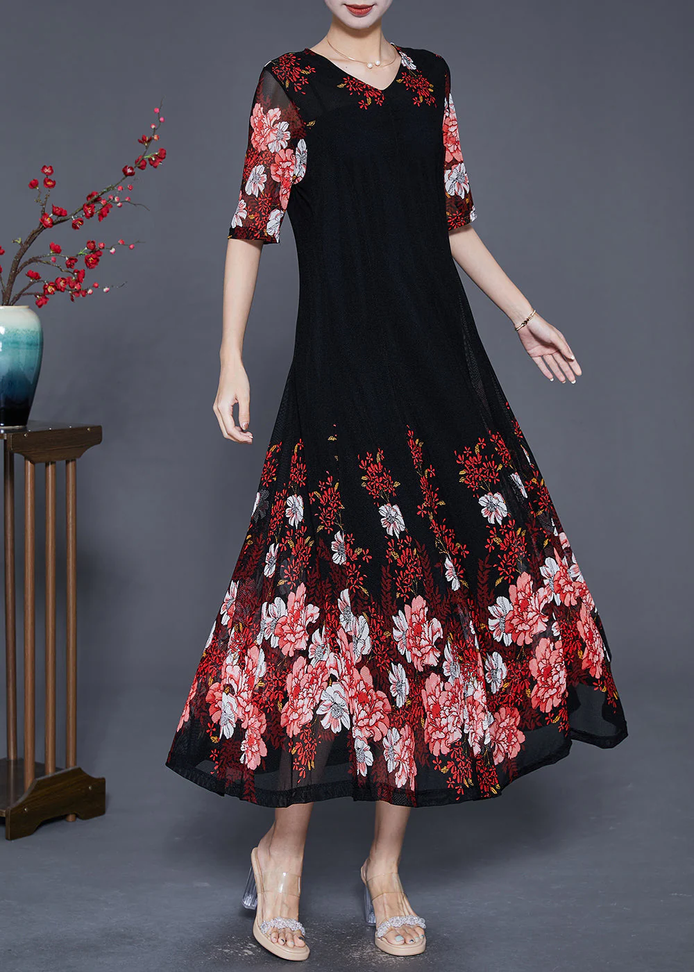Red Floral Tulle A Line Dress Slim Fit Exra Large Hem Summer - Image 3