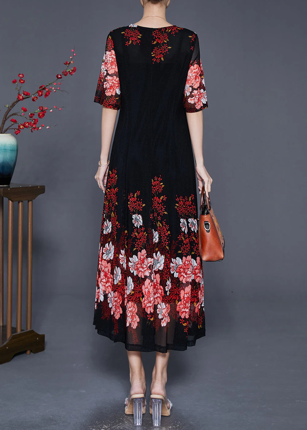 Red Floral Tulle A Line Dress Slim Fit Exra Large Hem Summer - Image 4