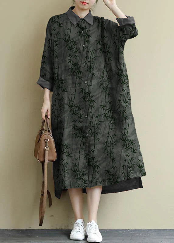 red flower Linen Shirt Dress Casual Oversize Spring Maxi Dresses - Image 2