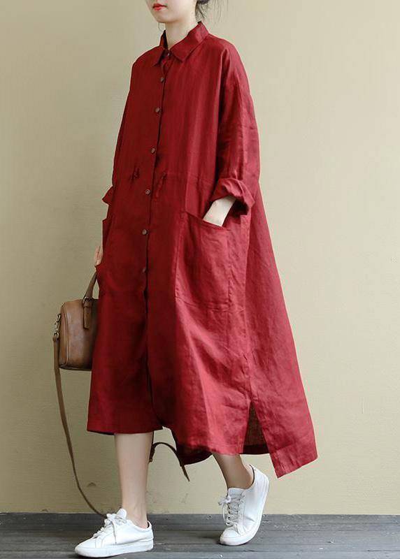 red flower Linen Shirt Dress Casual Oversize Spring Maxi Dresses - Image 3