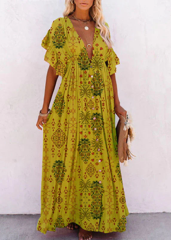 Red-flower V Neck Button Maxi Dresses Short Sleeve - Image 5
