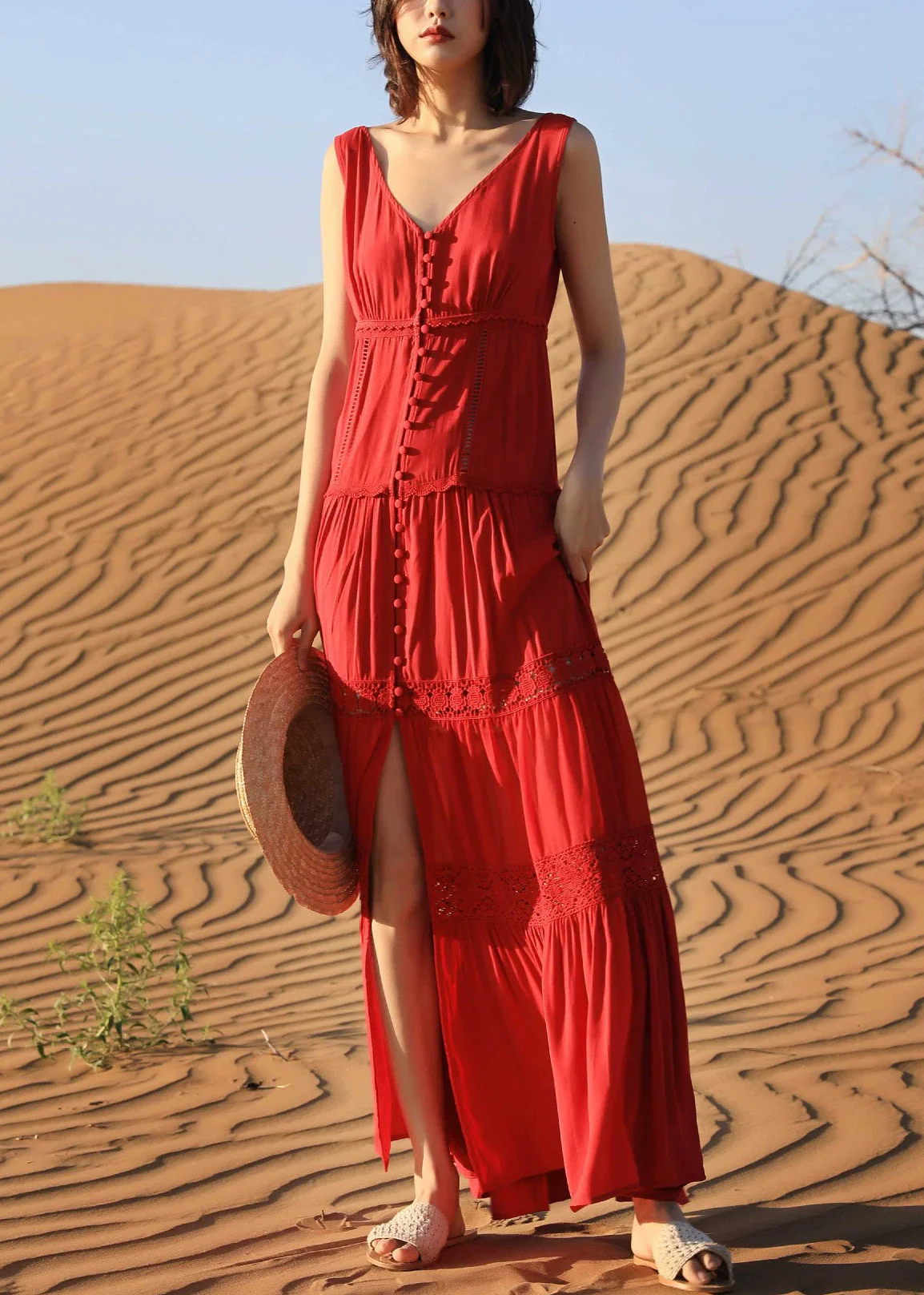 Red Hollow Out Solid Cotton Long Dresses V Neck Summer - Image 2