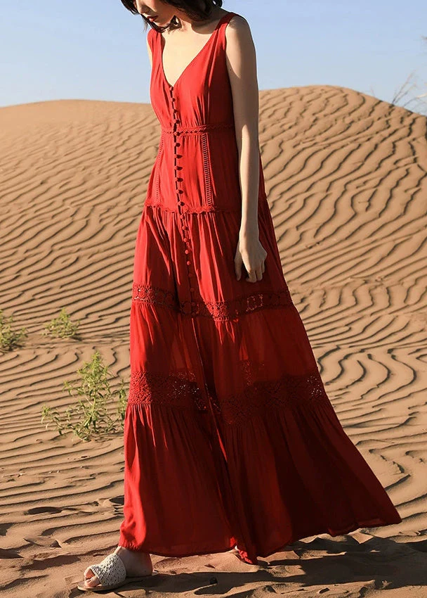 Red Hollow Out Solid Cotton Long Dresses V Neck Summer - Image 3