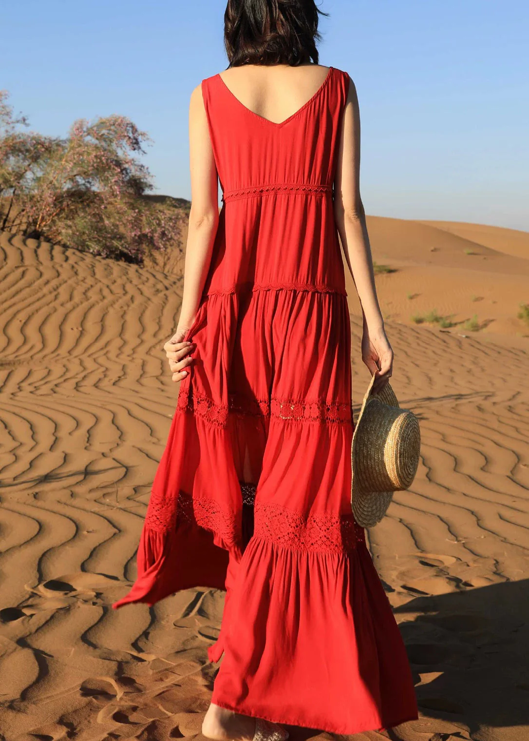 Red Hollow Out Solid Cotton Long Dresses V Neck Summer - Image 4