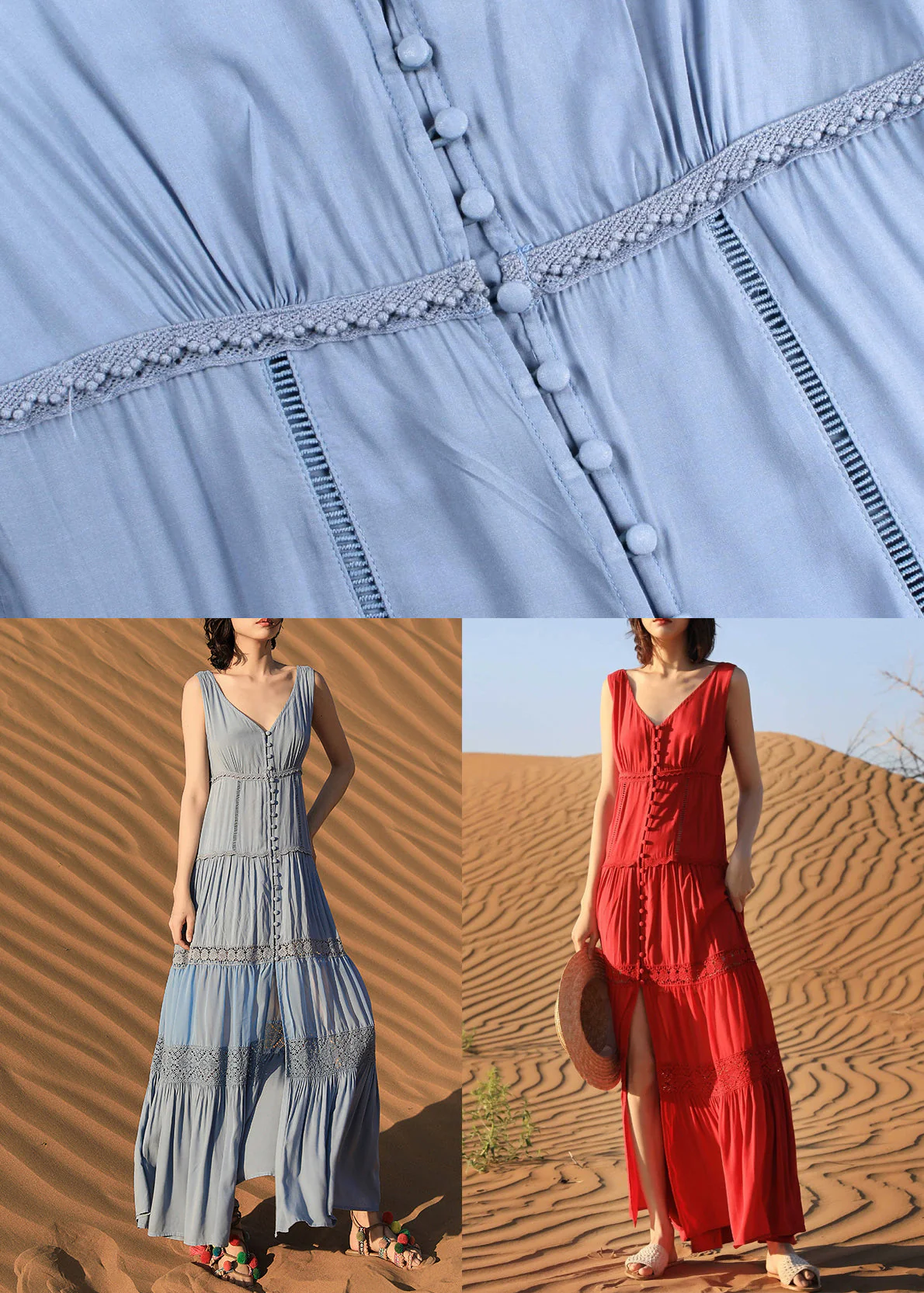 Red Hollow Out Solid Cotton Long Dresses V Neck Summer - Image 5