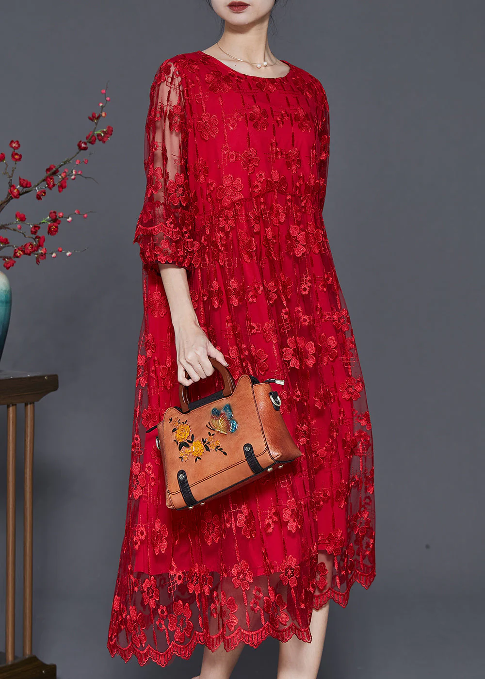 Red Hollow Out Tulle Holiday Dresses Embroidered Bracelet Sleeve - Image 2