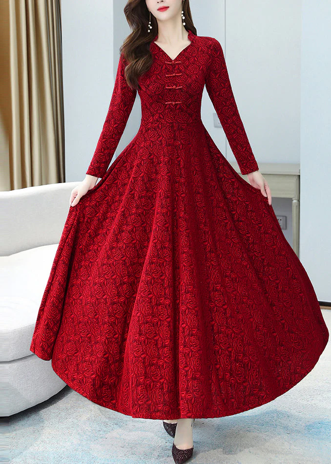 Red Jacquard Slim Fit Cotton Oriental Dress Extra Large Hem Fall - Image 2