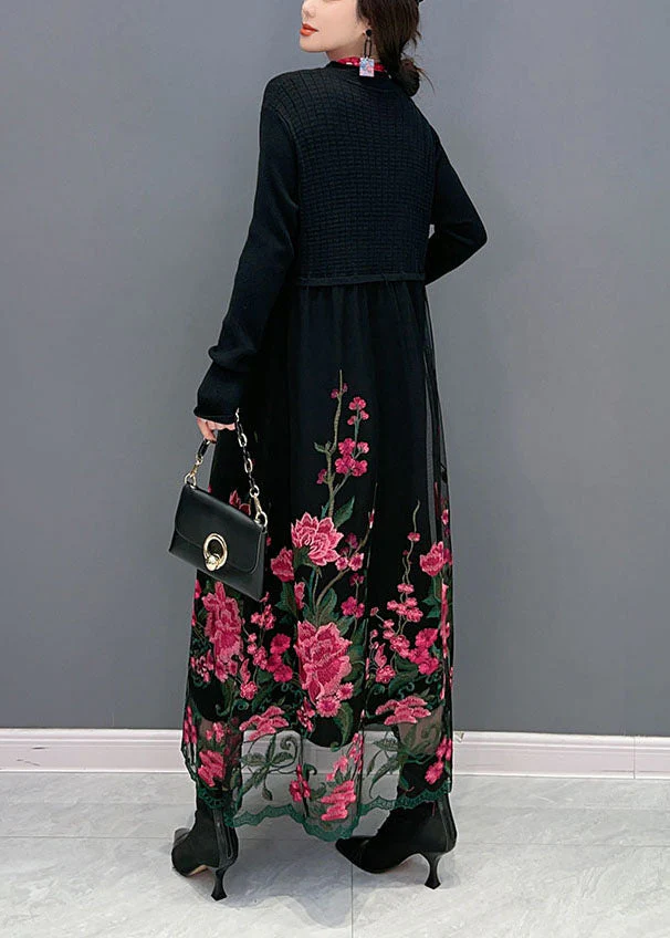 Red Knit Patchwork Tulle Long Dress Embroideried Spring - Image 3