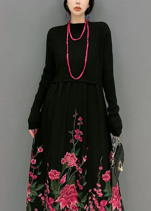 Red Knit Patchwork Tulle Long Dress Embroideried Spring - Image 4