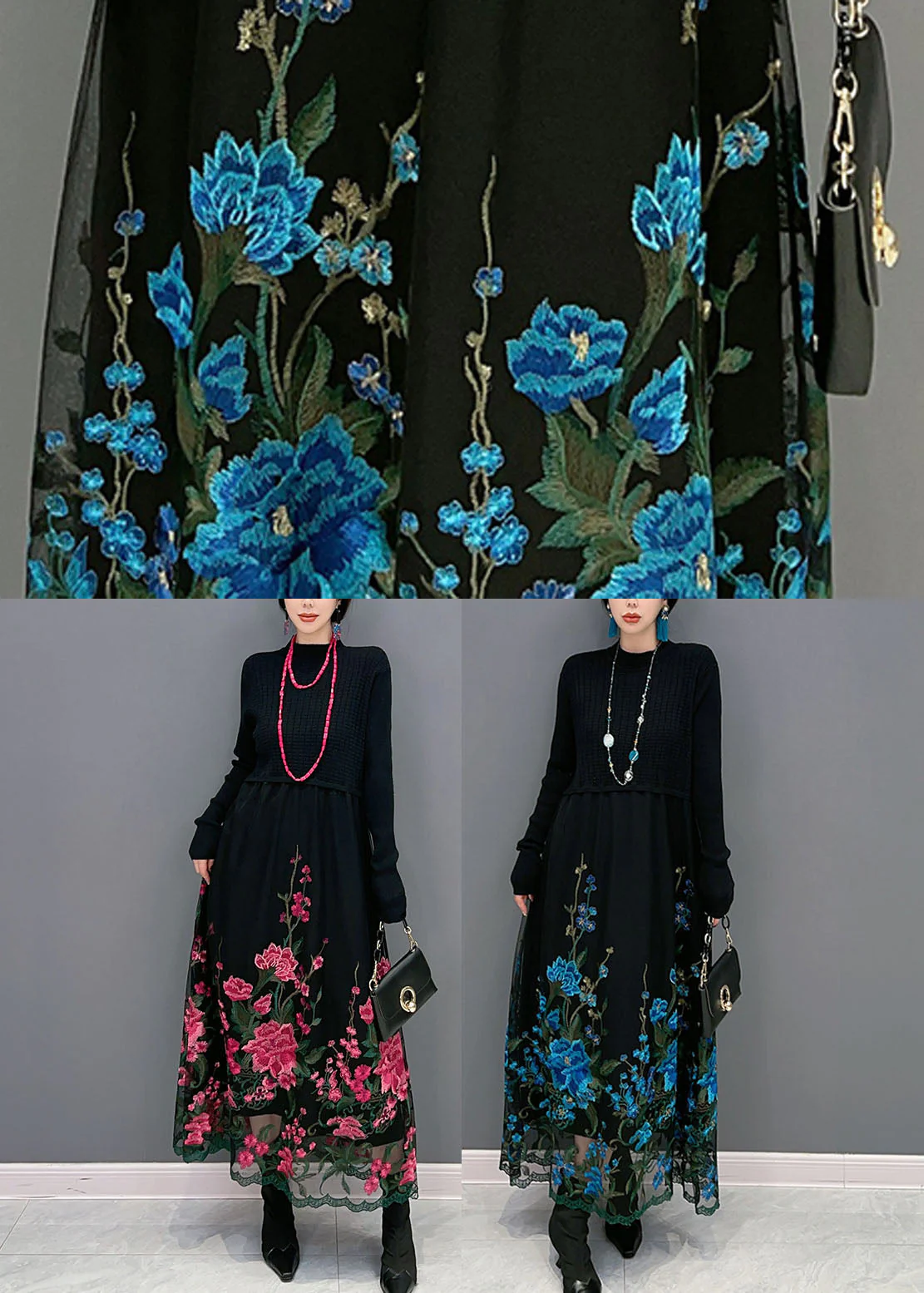 Red Knit Patchwork Tulle Long Dress Embroideried Spring - Image 5
