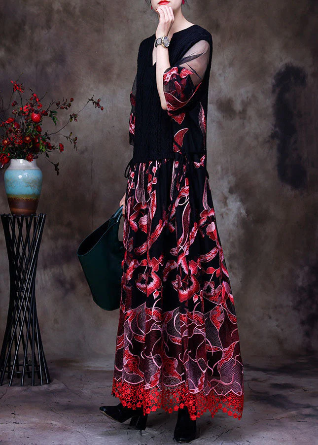 Red lace Knit Dresses Embroideried Spring - Image 3