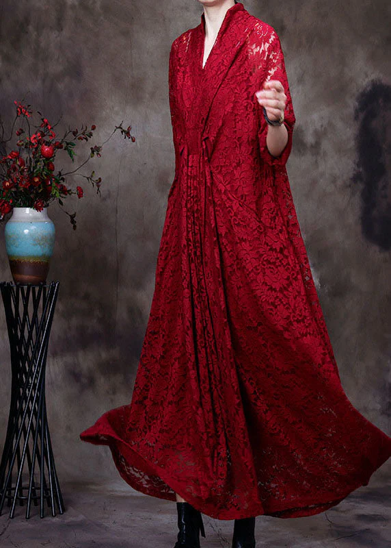 Red lace maxi Dresses Hollow Out Long Sleeve - Image 2