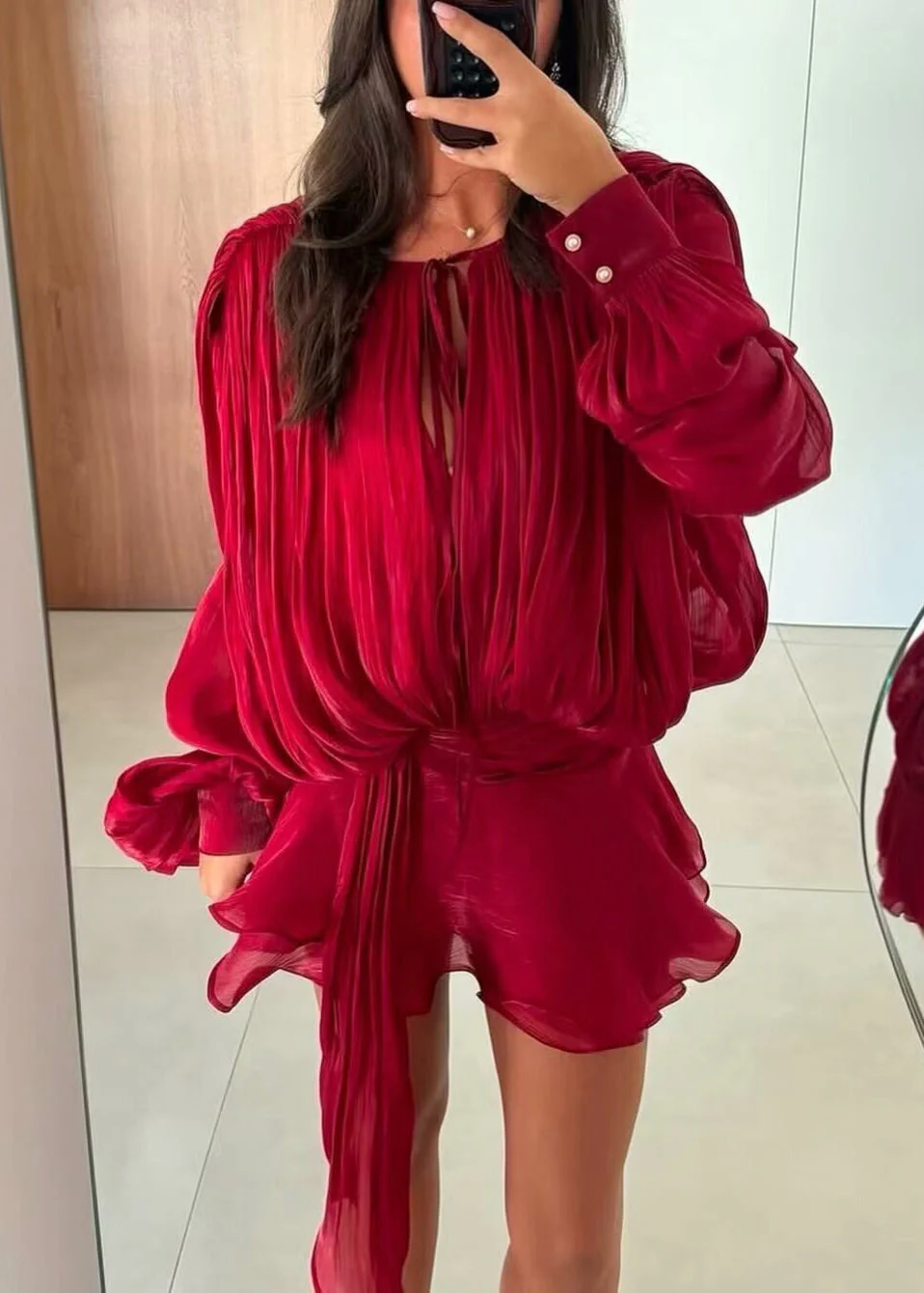 Red Lace Up Dress And Shorts Silk Two Pieces Set Wrinkled - Image 3