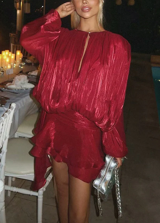 Red Lace Up Dress And Shorts Silk Two Pieces Set Wrinkled - Image 4