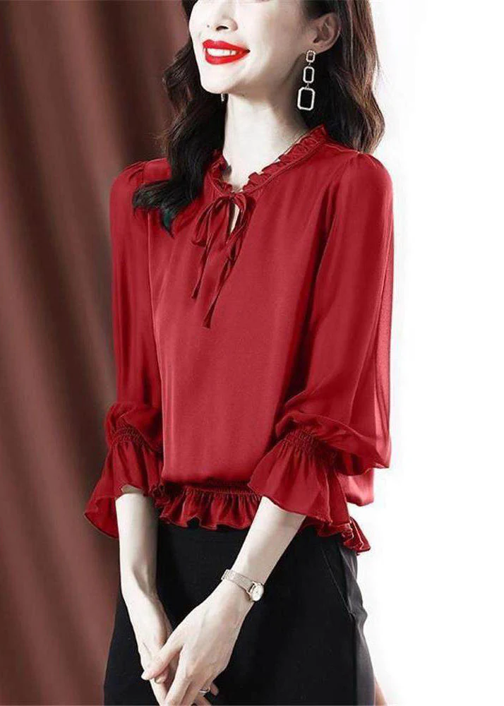 Red Lace Up Solid Chiffon Shirt Ruffled Flare Sleeve