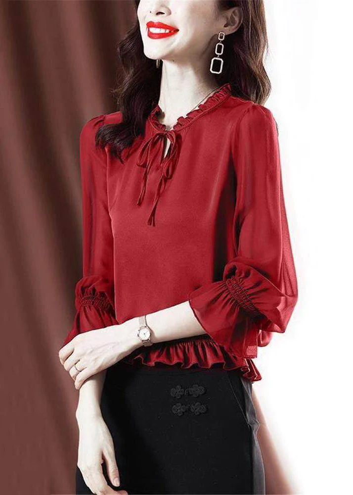 Red Lace Up Solid Chiffon Shirt Ruffled Flare Sleeve - Image 2