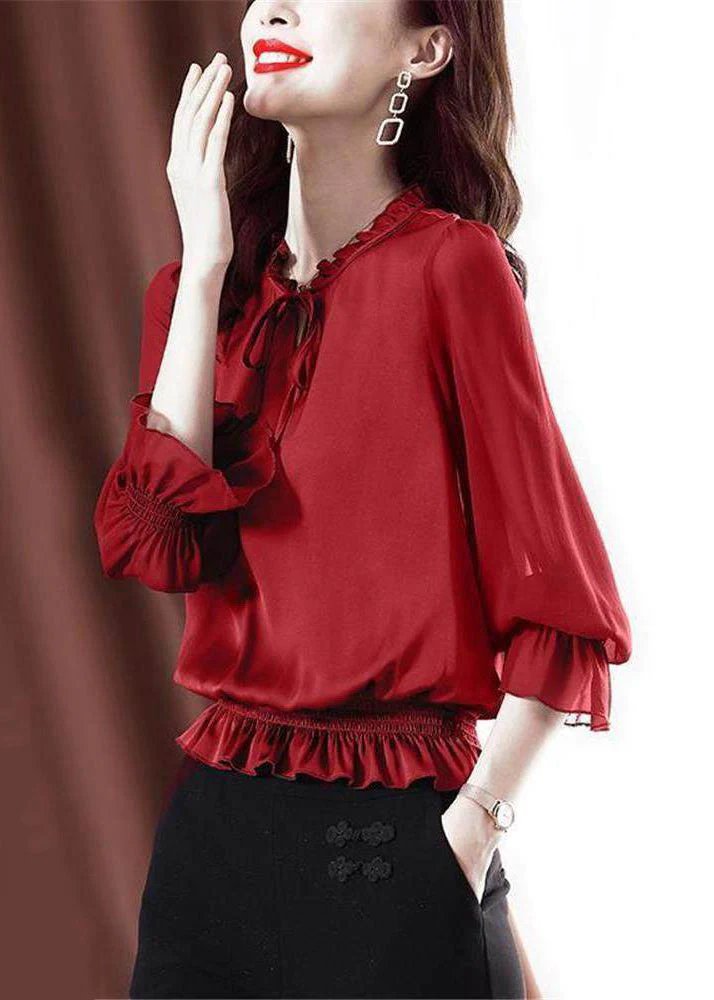 Red Lace Up Solid Chiffon Shirt Ruffled Flare Sleeve - Image 3