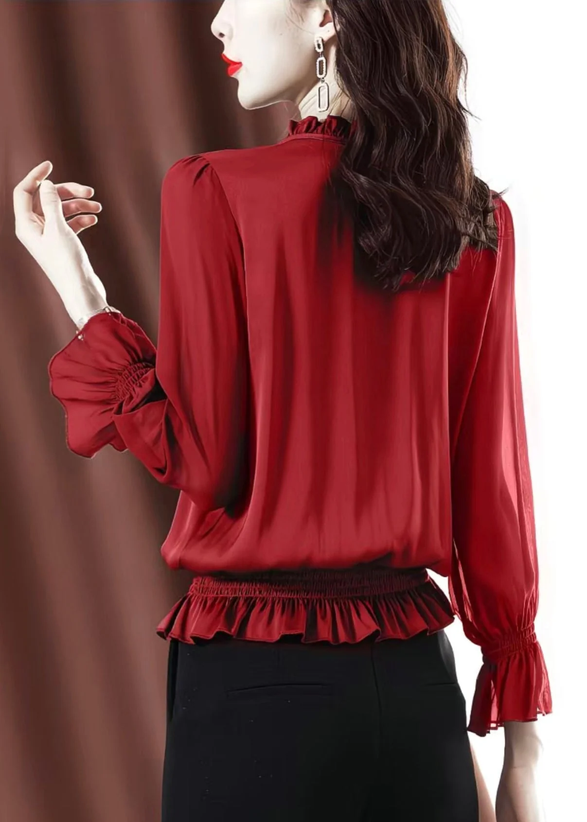 Red Lace Up Solid Chiffon Shirt Ruffled Flare Sleeve - Image 4