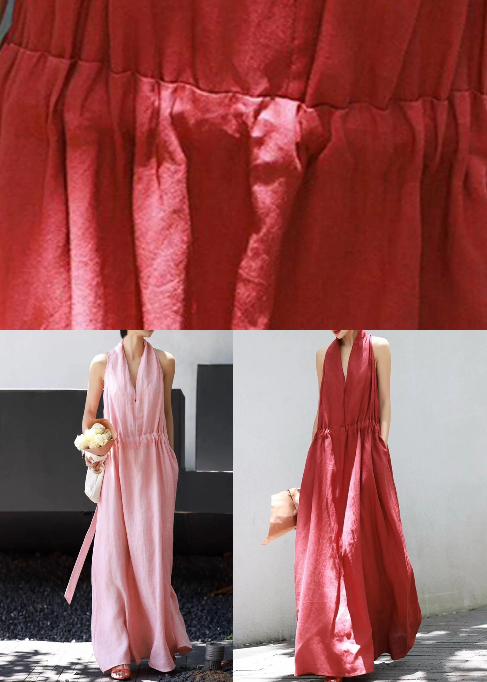 Red Lace Up Solid Cotton Long Dress V Neck Summer - Image 5