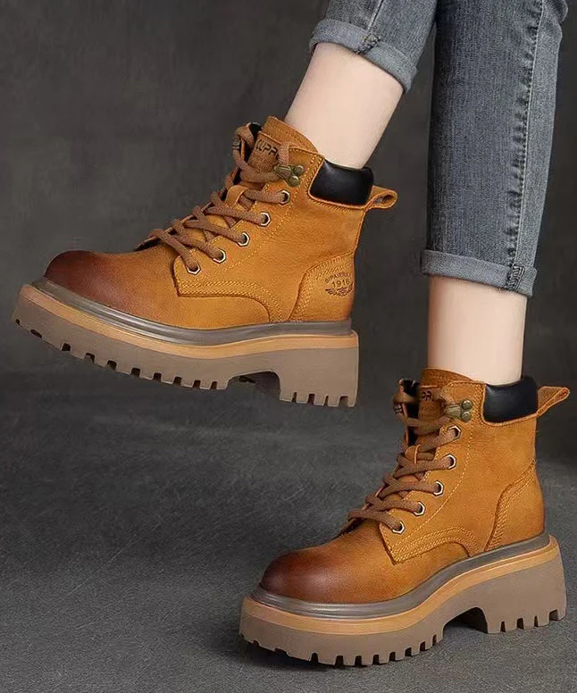 Red Lace Up Splicing Platform Cowhide Leather Boots - Image 2