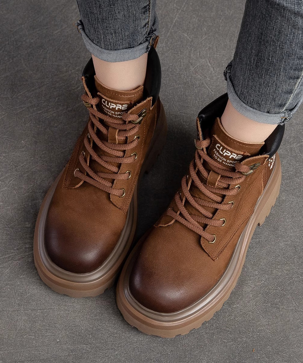 Red Lace Up Splicing Platform Cowhide Leather Boots - Image 3