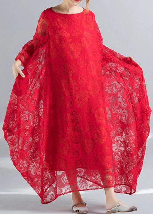 Red Lace vacation Dress Hollow Out Asymmetrical Bracelet Sleeve - Image 3