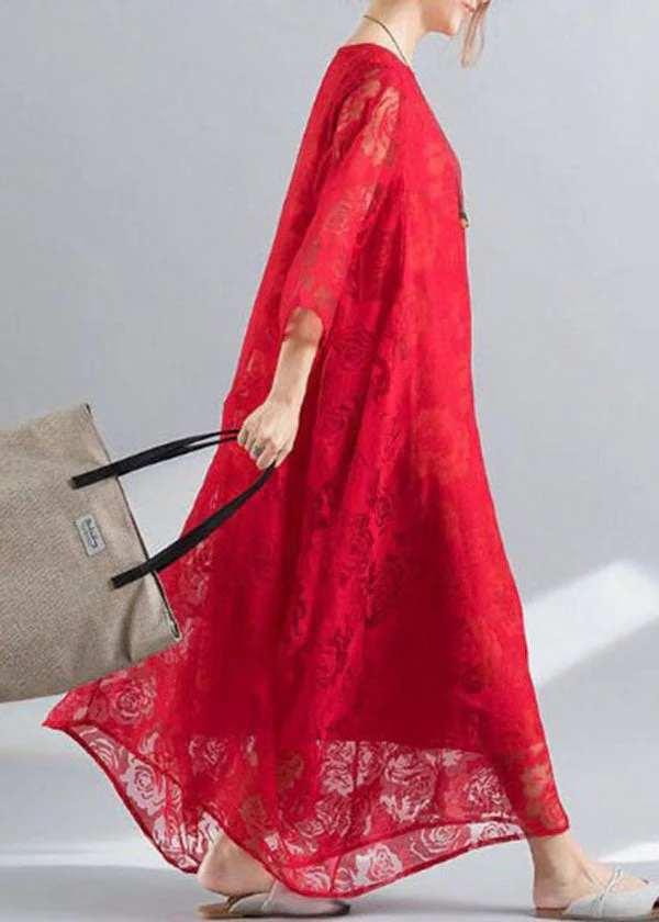Red Lace vacation Dress Hollow Out Asymmetrical Bracelet Sleeve - Image 4