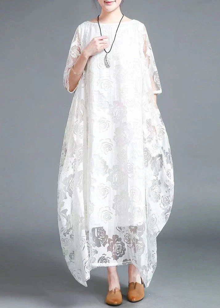 Red Lace vacation Dress Hollow Out Asymmetrical Bracelet Sleeve - Image 5