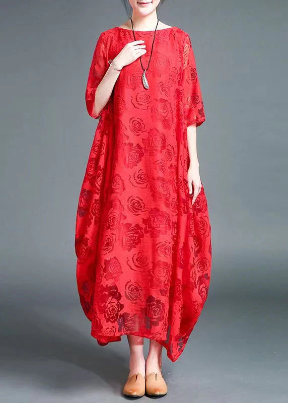 Red Lace vacation Dress Hollow Out Asymmetrical Bracelet Sleeve - Image 6