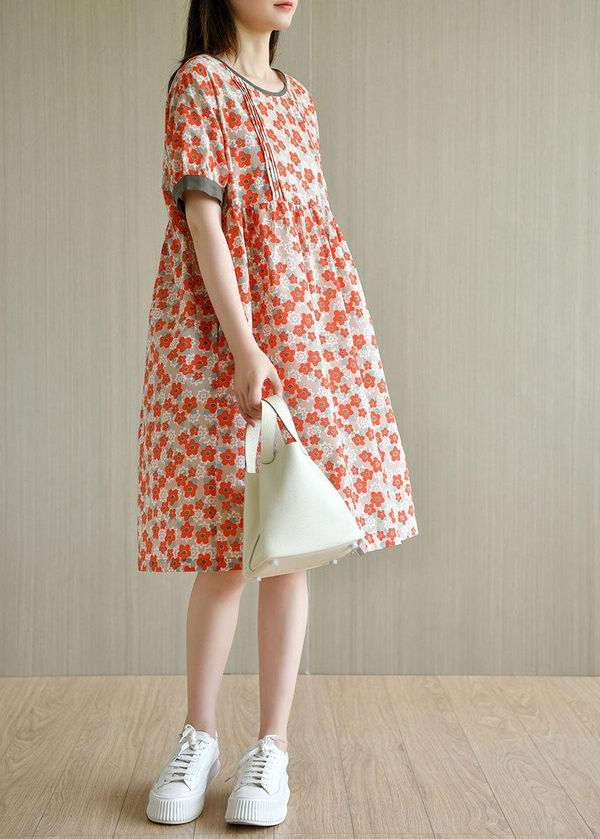 Red Loose O-Neck Print Summer Cotton Sundress Short Sleeve - Image 2