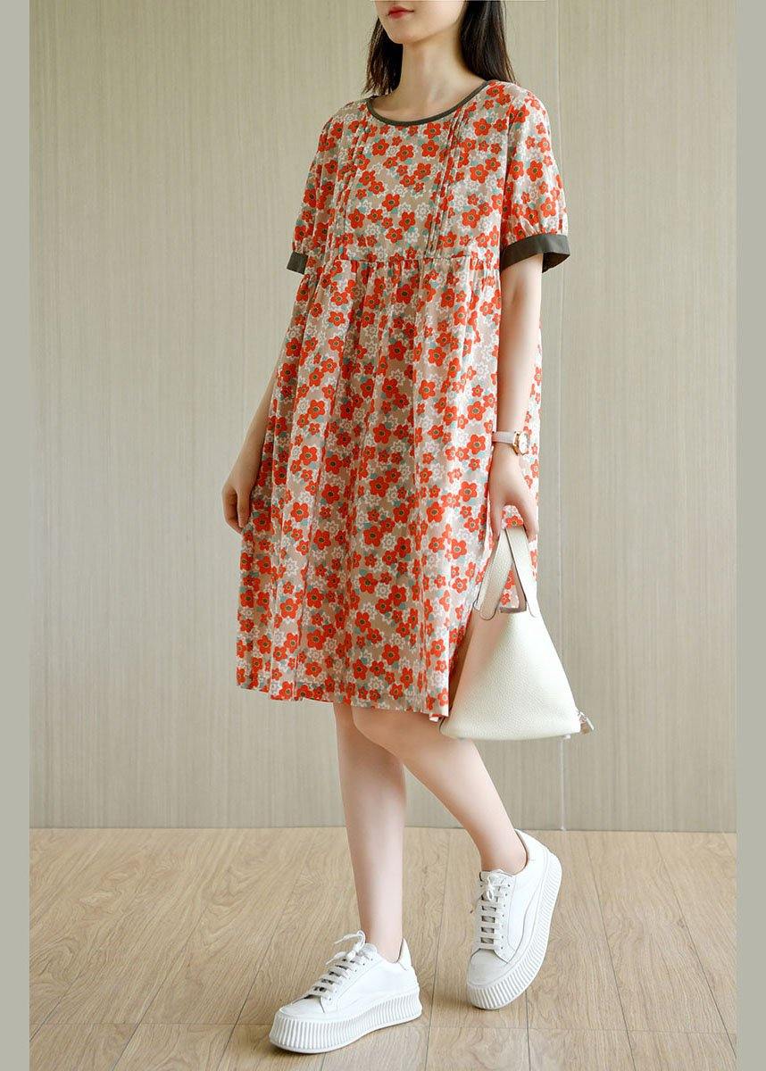 Red Loose O-Neck Print Summer Cotton Sundress Short Sleeve - Image 3