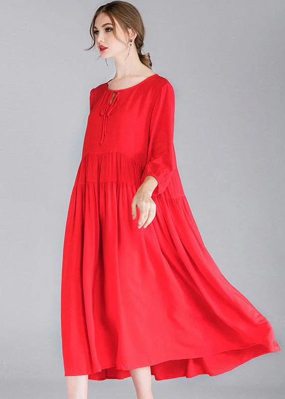 Red Loose Wrinkled Spring Holiday Dress Three Quarter Sleeve - Image 2