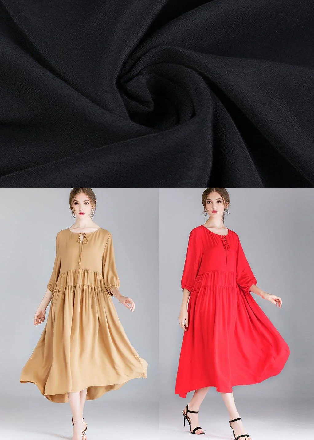 Red Loose Wrinkled Spring Holiday Dress Three Quarter Sleeve - Image 5