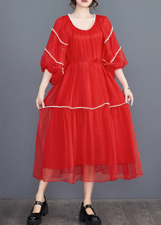 Red O-Neck Patchwork Holiday Dress Summer - Image 2