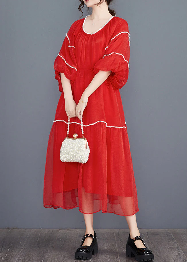 Red O-Neck Patchwork Holiday Dress Summer - Image 3