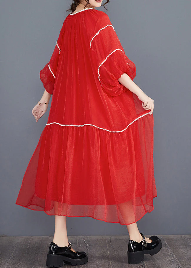 Red O-Neck Patchwork Holiday Dress Summer - Image 4