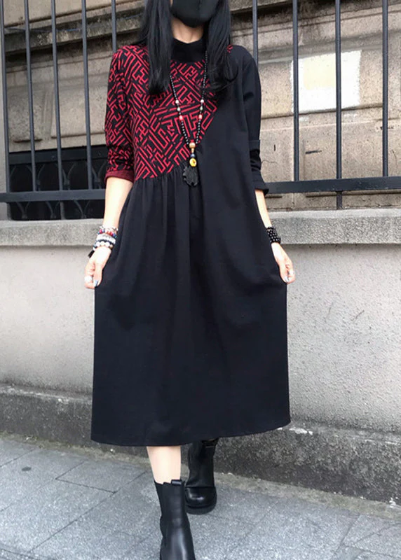 Red O-Neck Print Wrinkled Cotton Maxi Dresses Long Sleeve - Image 2