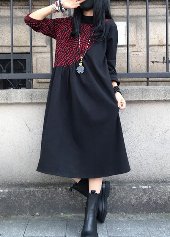 Red O-Neck Print Wrinkled Cotton Maxi Dresses Long Sleeve - Image 3