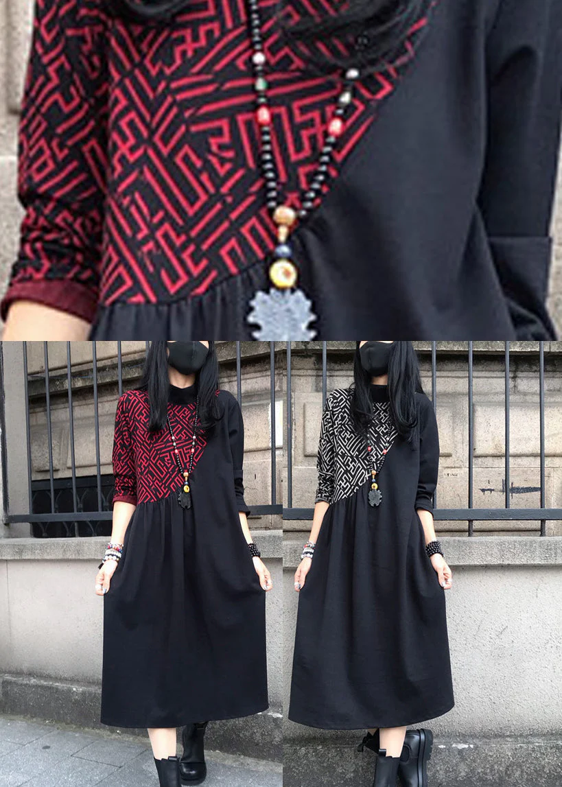 Red O-Neck Print Wrinkled Cotton Maxi Dresses Long Sleeve - Image 5