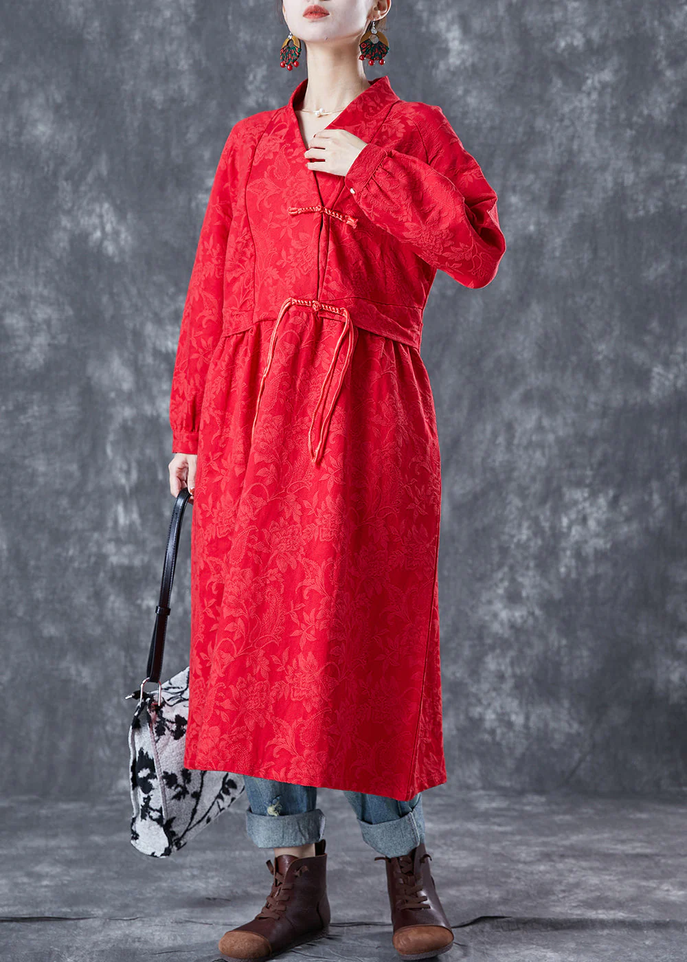 Red Oriental Linen Long Dress Chinese Button Tassel Spring - Image 2