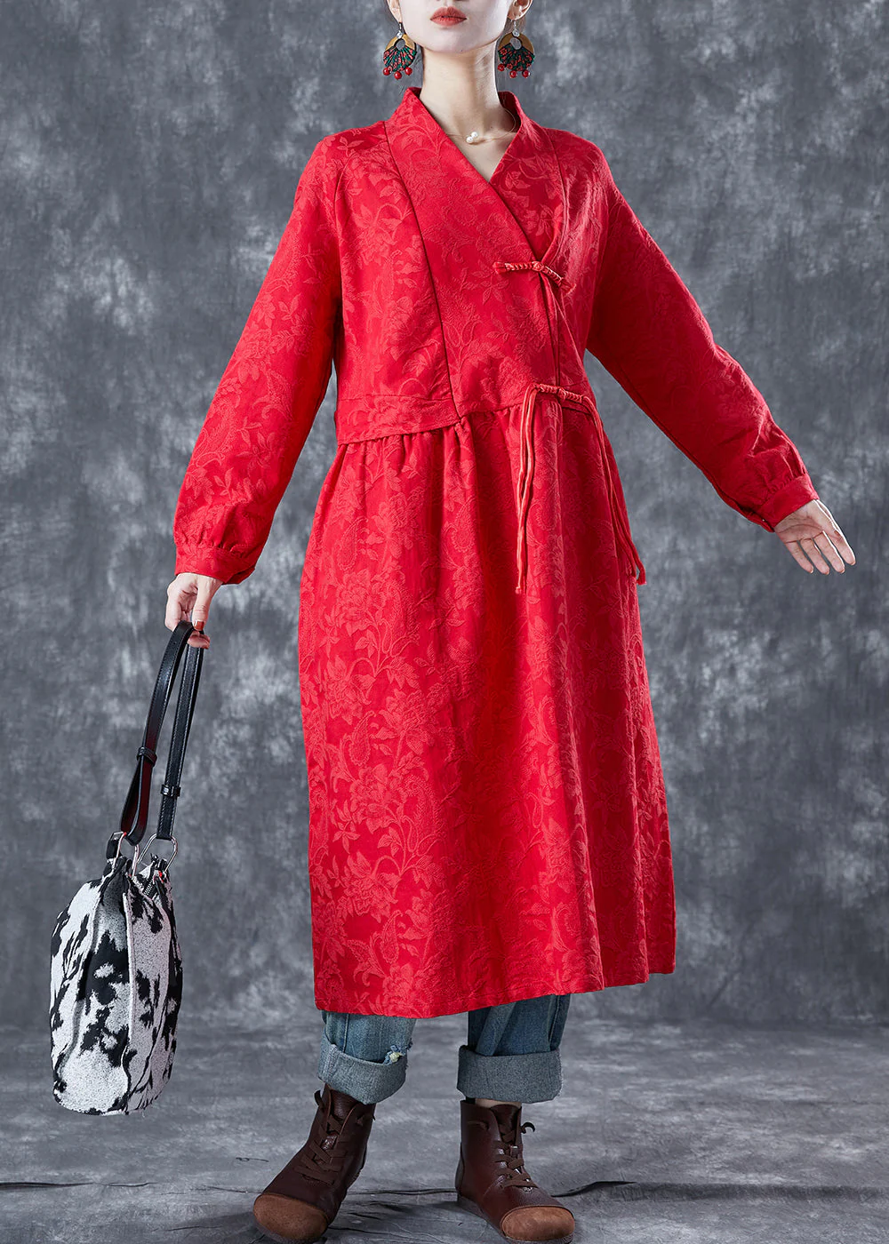 Red Oriental Linen Long Dress Chinese Button Tassel Spring - Image 3