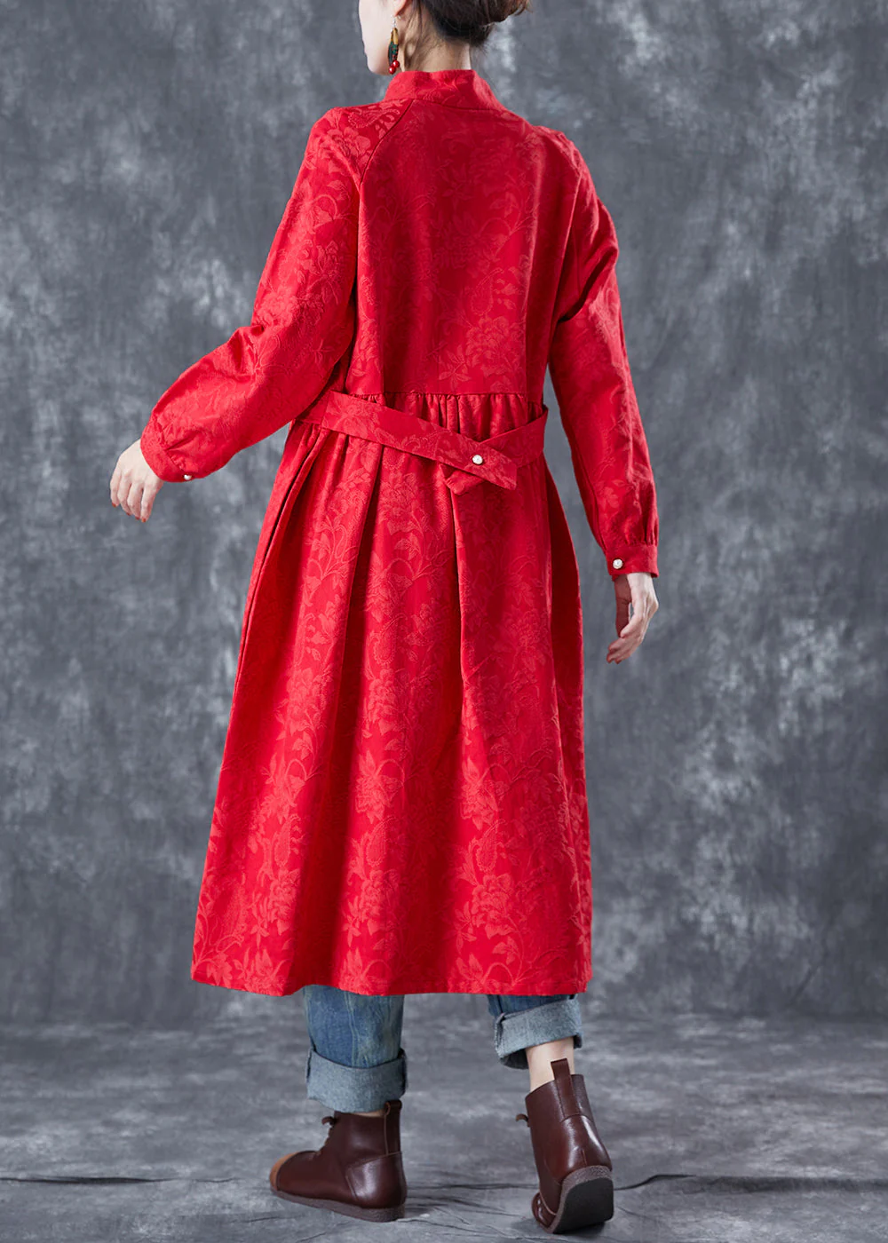 Red Oriental Linen Long Dress Chinese Button Tassel Spring - Image 4