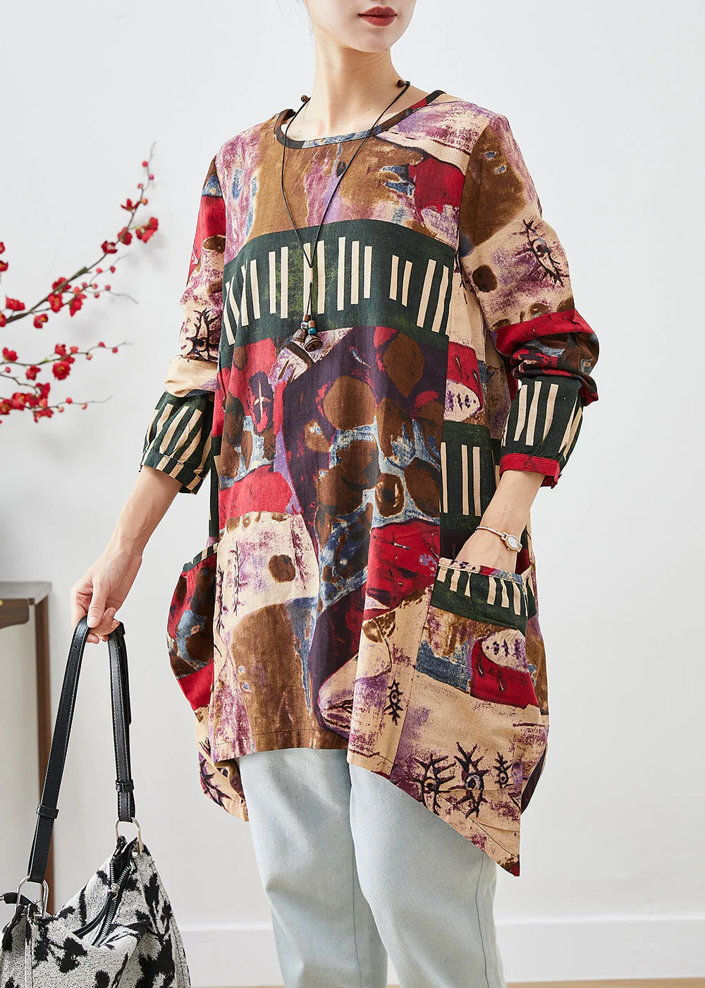 Red Painting Cotton Mid Dress Oversized Pockets Fall - Image 2