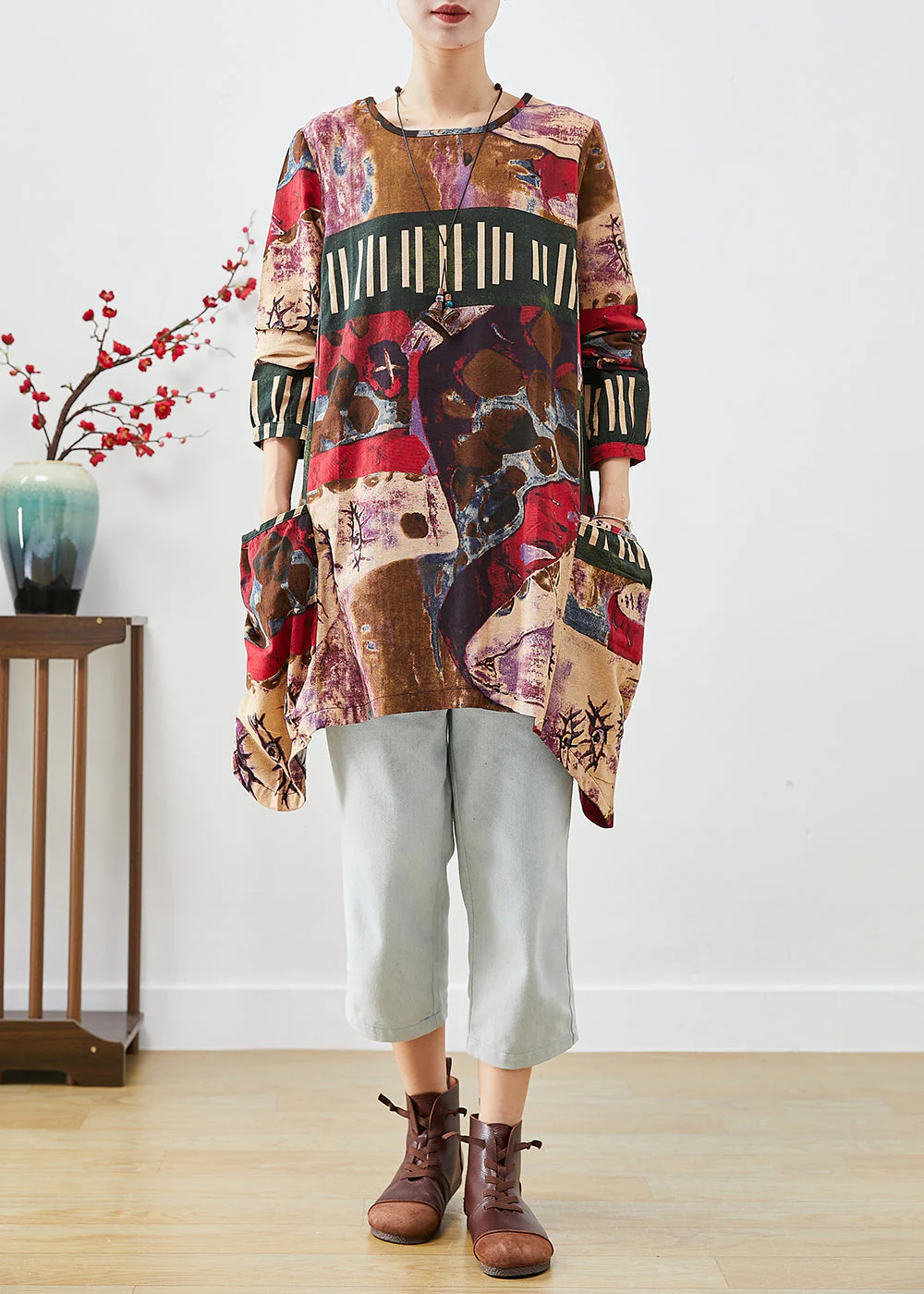Red Painting Cotton Mid Dress Oversized Pockets Fall - Image 3