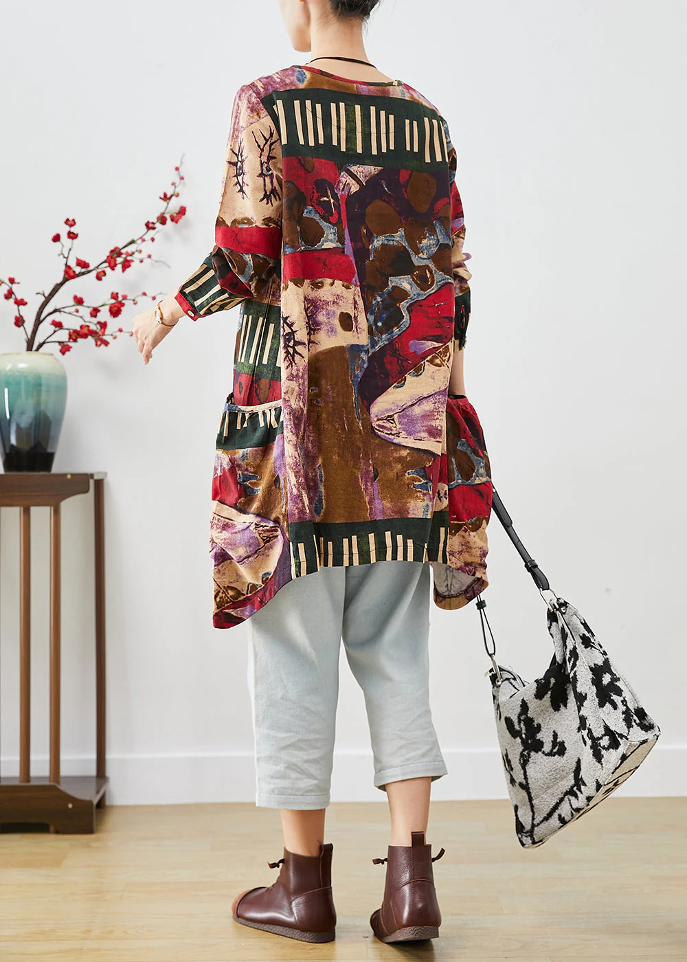 Red Painting Cotton Mid Dress Oversized Pockets Fall - Image 4
