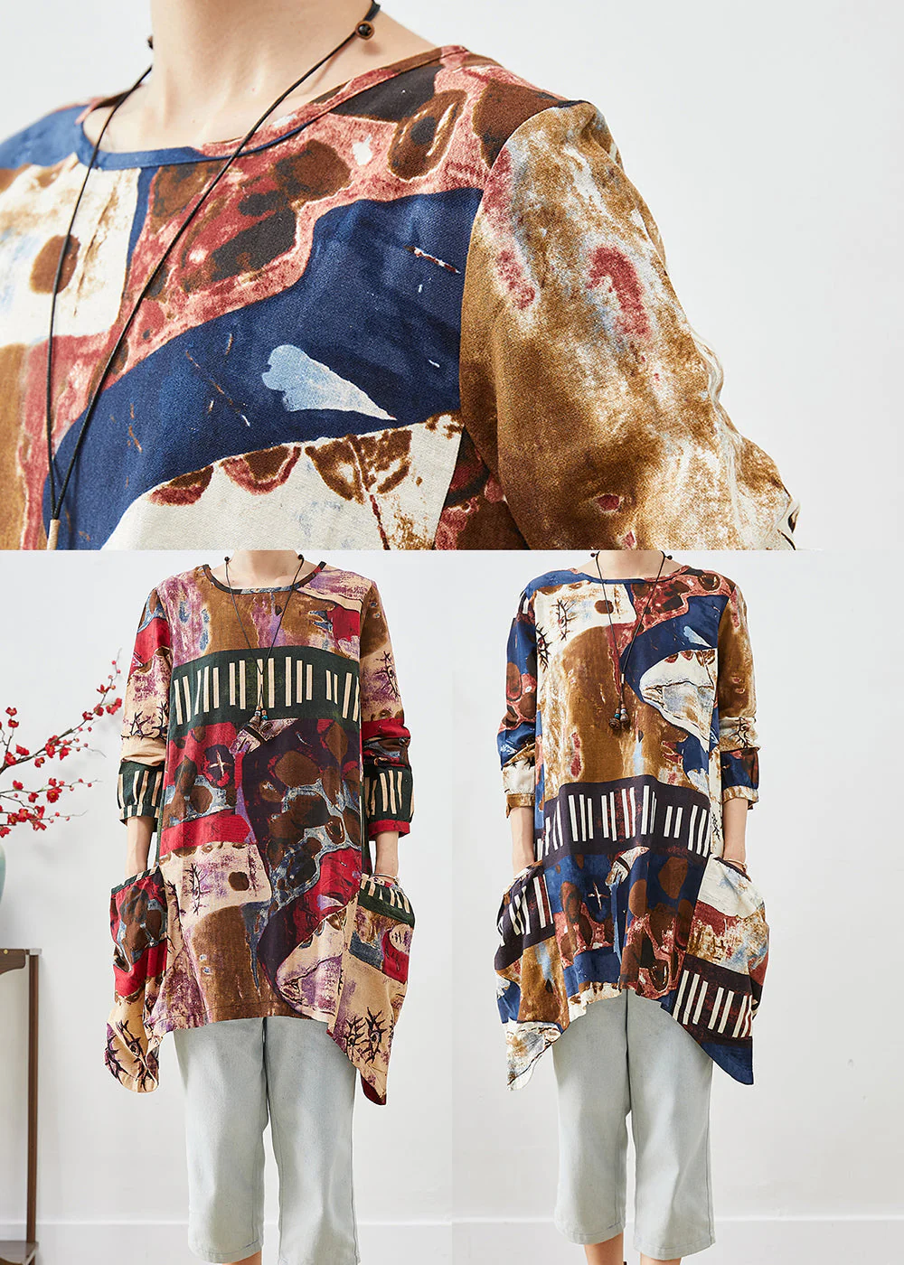 Red Painting Cotton Mid Dress Oversized Pockets Fall - Image 5