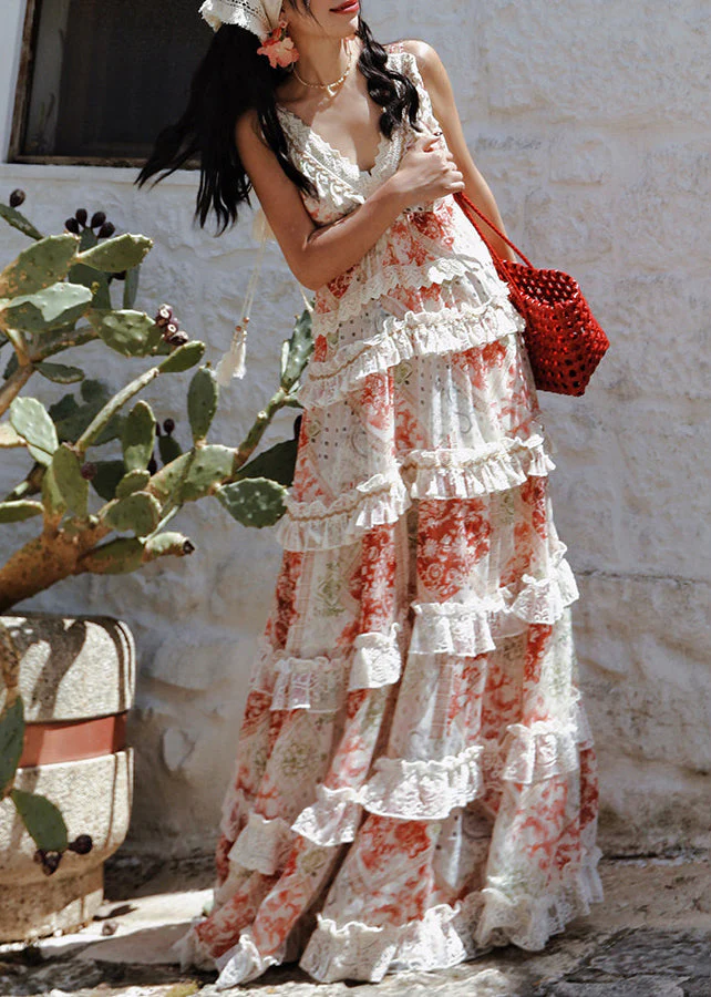 Red Patchwork Chiffon Holiday Dresses Exra Large Hem Summer - Image 3