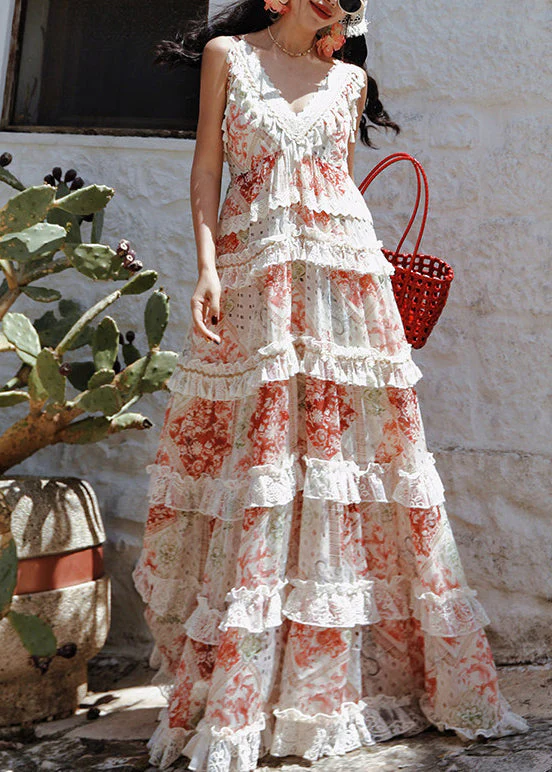 Red Patchwork Chiffon Holiday Dresses Exra Large Hem Summer - Image 4