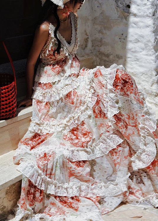 Red Patchwork Chiffon Holiday Dresses Exra Large Hem Summer - Image 5