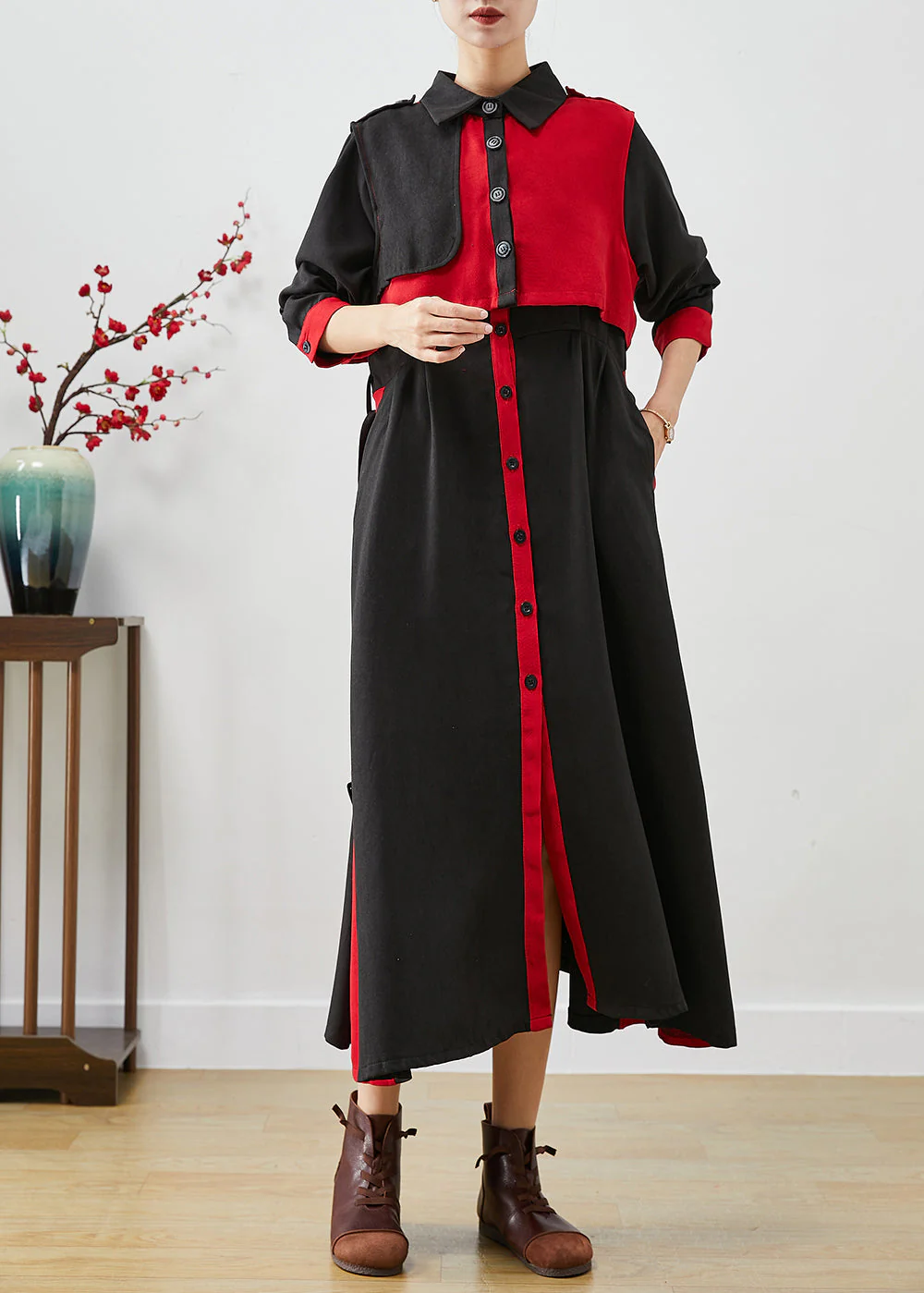 Red Patchwork Cotton Dress And Vest Two Pieces Set Tie Waist Fall - Image 2